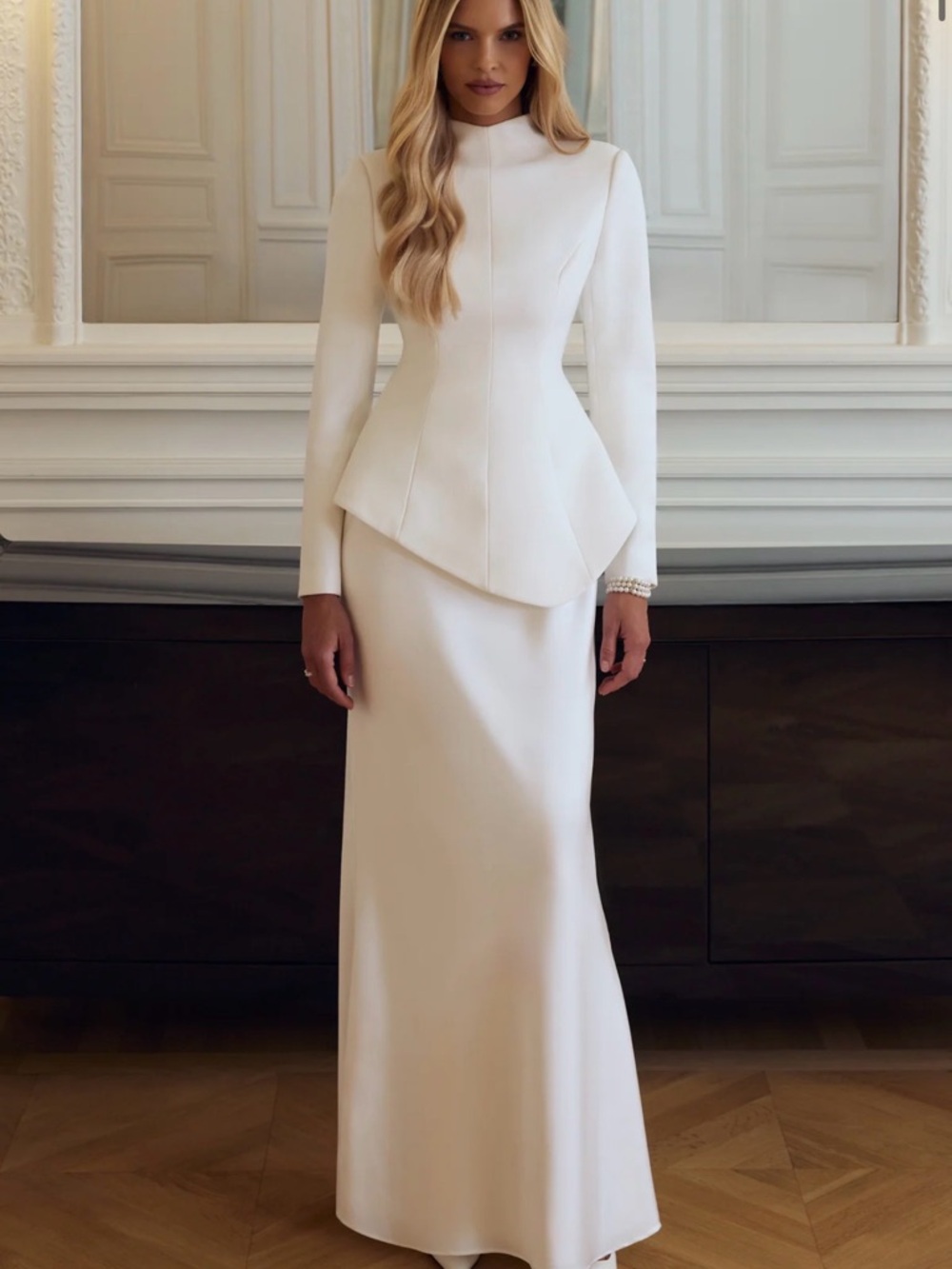 Pepita Cream High-Neck Tailored Maxi Dress With Drop-Waist And Satin Skirt